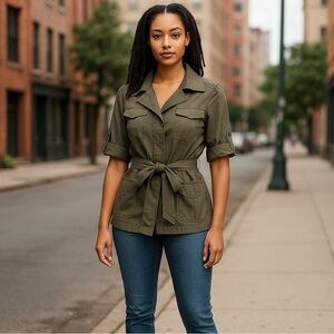 Ann Taylor Utility Jacket Womens 4 Zip Up Belted Army Green Lightweight Classic‎